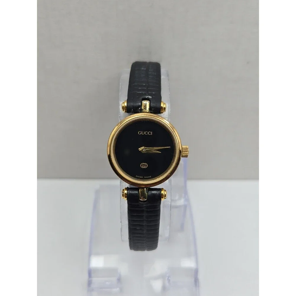 Vintage Gucci Womens Stack Gold Plated Black Dial Quartz Swiss Watch New Battery